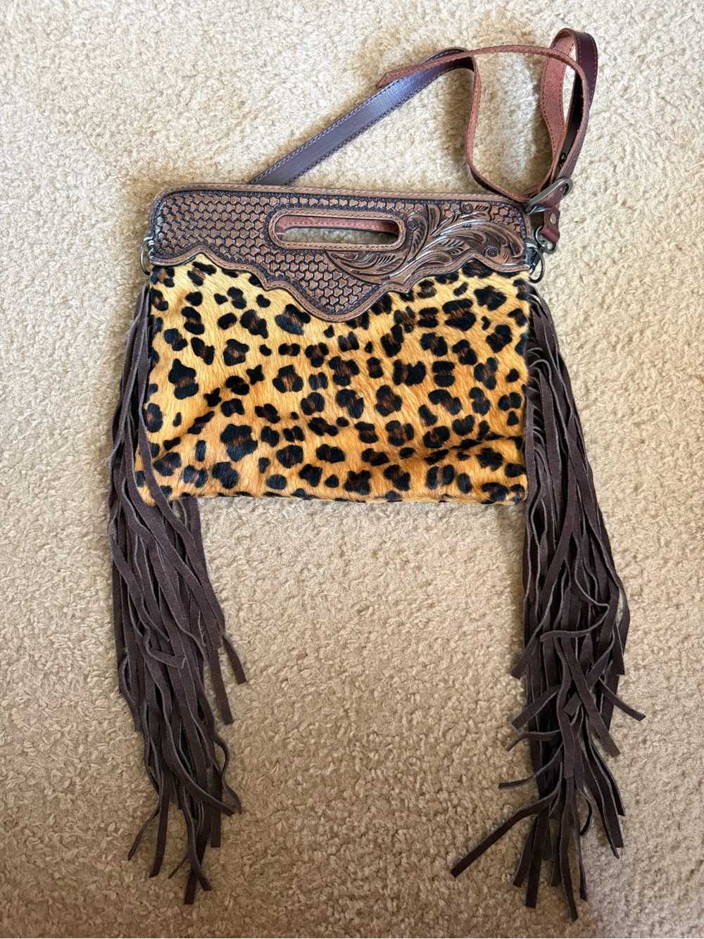 American Darling Leopard Print Fringe Crossbody Bag - Brown & Tan